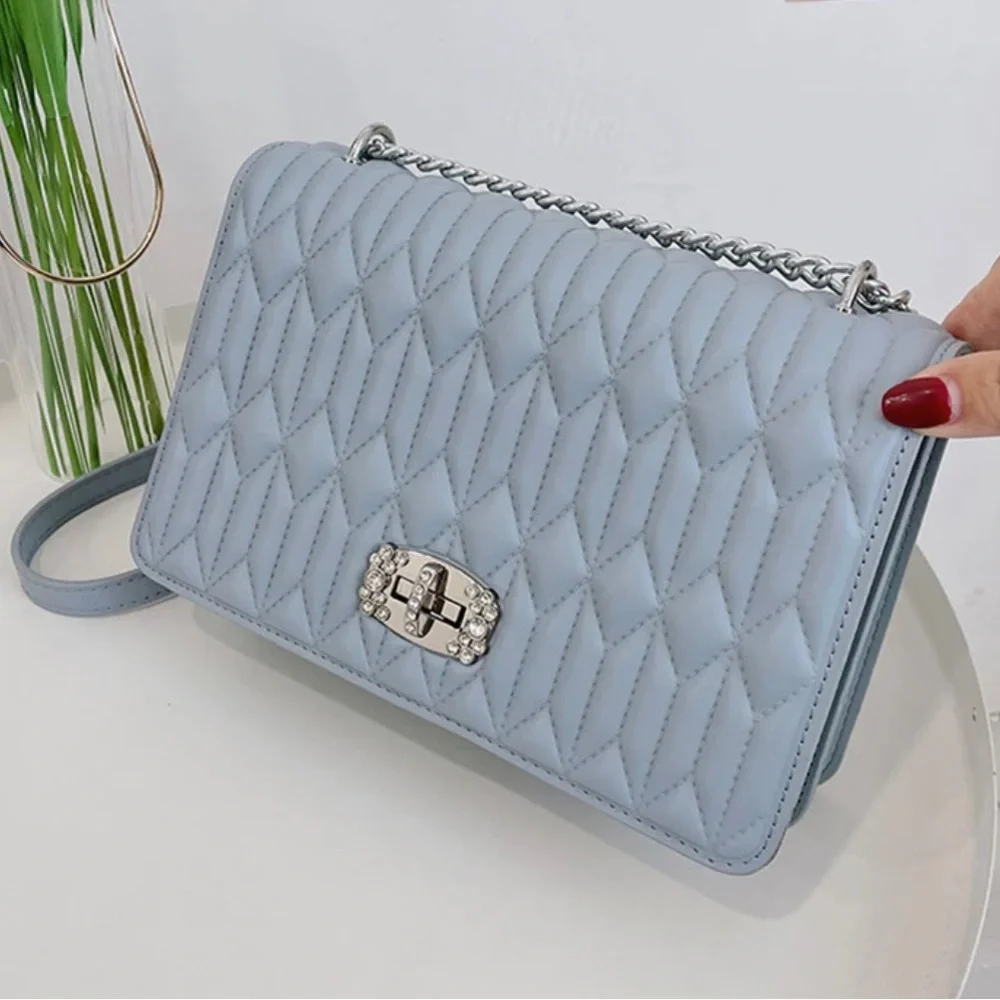 (last 1) European design chain shoulder crossbody quilted vegan leather in blue - Picture 1 of 8